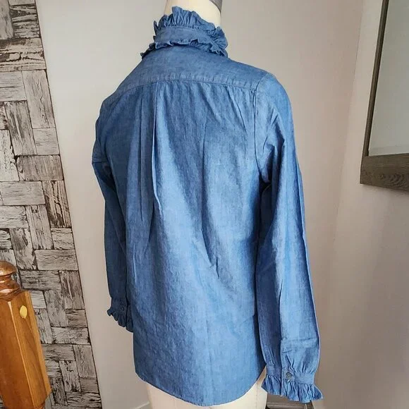 J. CREW Classic-fit Ruffleneck Chambray Shirt Size 4 - Picture 4 of 11